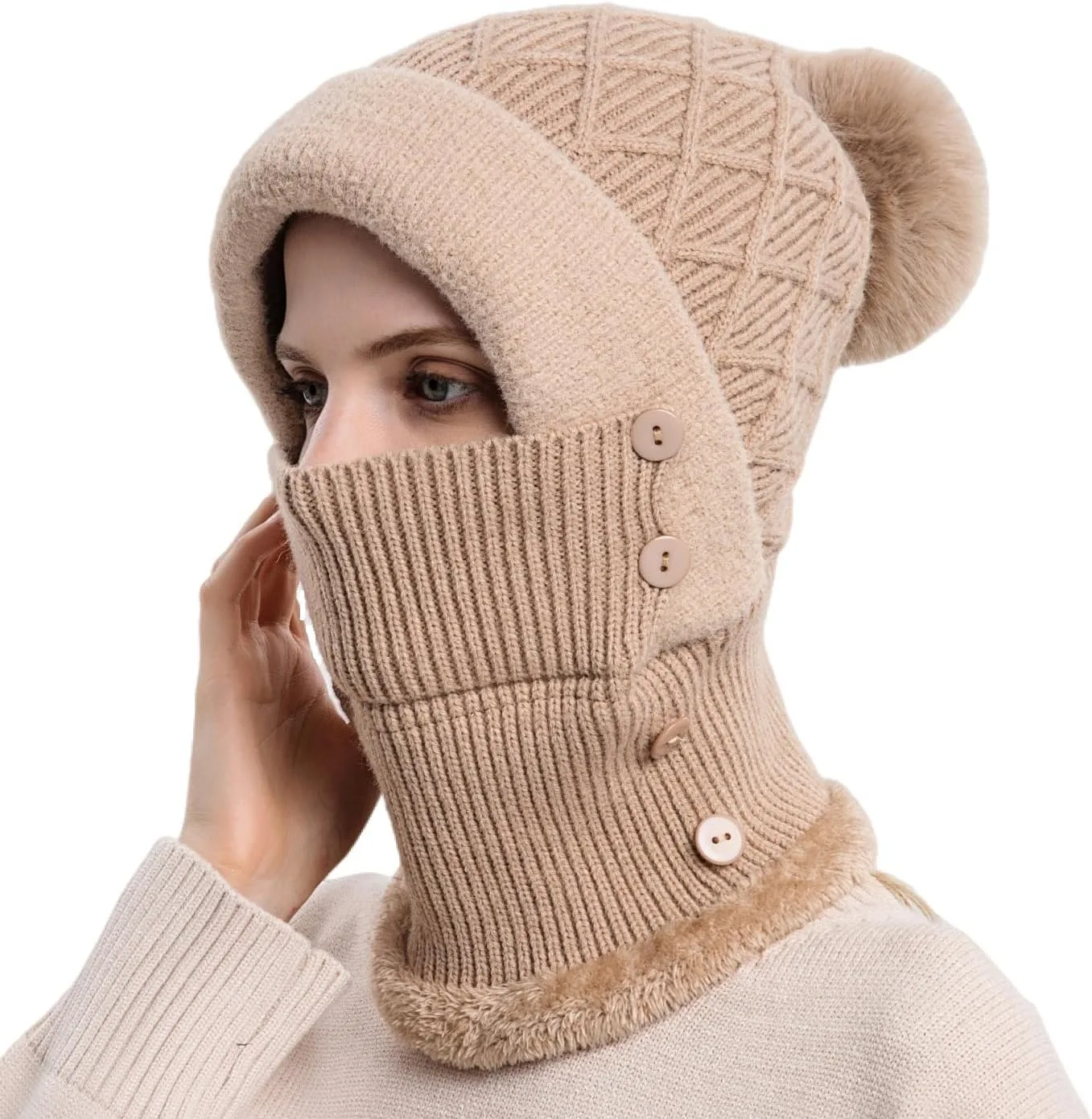 

Women Winter Beanie Hats One Piece Fleece Lined Knit Balaclavas Mask Set Skull Neck Circle Scarf Ski Snow Hat Pompom