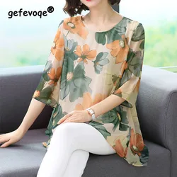 2023 Summer Lady Round Neck Floral Printing Elbow Sleeve Tops Women Korean Loose Casual Comfortable Fashion Refreshing T-shirt