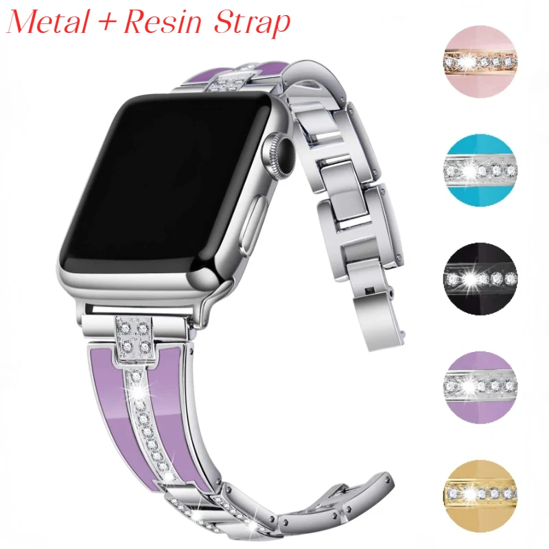 

Resin+Metal strap for Apple watch 45mm 44mm 42mm 40mm 41mm 38mm 49mm diamond bracelet iwatch Ultra/2 10 9 8 7 6 5 4 3 SE band