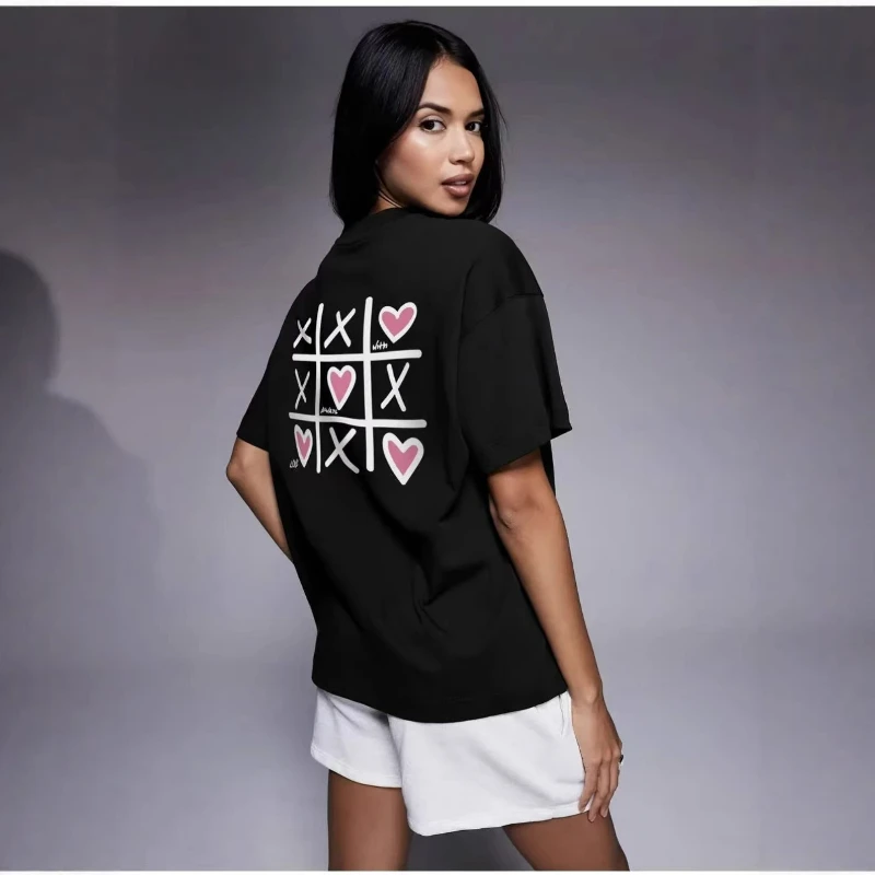 

Футболка из 100% хлопка с коротким рукавом, летняя новинка 2026 года, модный универсальный свободный топ в американском стиле с принтом в виде сердечек