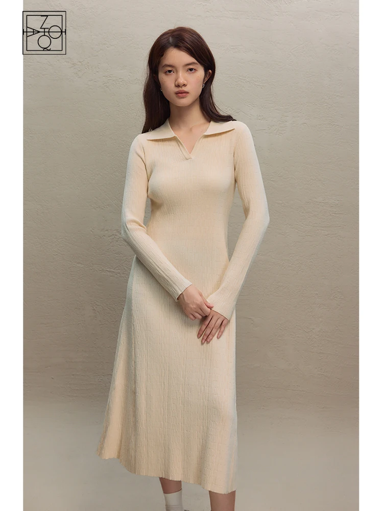 ZIQIAO Minimalist Commuter Knitted Dress for Women Winter 2023 New High-end Slimming High-waisted Polo Neck Dress Female