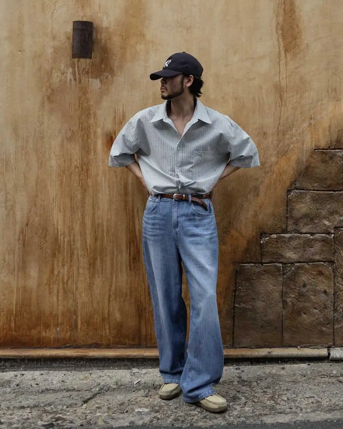 

Мужские джинсы свободного кроя с широкими штанинами, синие, с эффектом потертости, универсальные, летние, 2024, без бренда