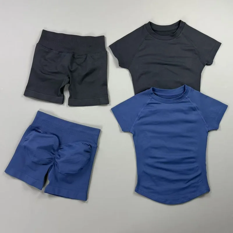 2 Pieces HISTELLO Impact Sports Set Women Breathable Seamless Short Sleeve Tummy Control Shorts Suit Gym Running Fitness Sets
