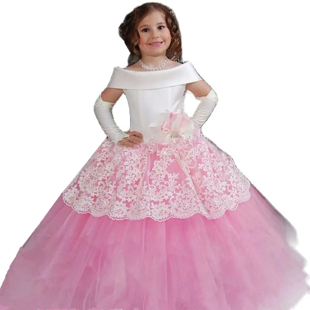 Neue Pfirsich Rosa Blume Mädchen Kleider Für Hochzeit Perlen Backless Mädchen Geburtstag Party Abendkleid Tüll Prinzessin Ballkleid