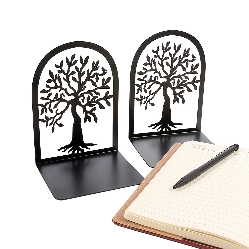 Hollow metal tree book end bookshelf bracket sample book end iron desktop art anti slip frame school stationery