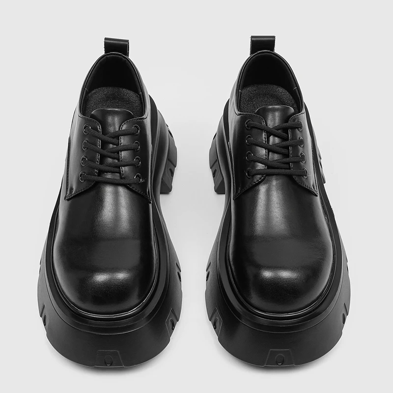 

High End New Men Black Thick Soled Round Toe Derby Shoes Retro Height Increasing Personalized Youth Fashion Shoes