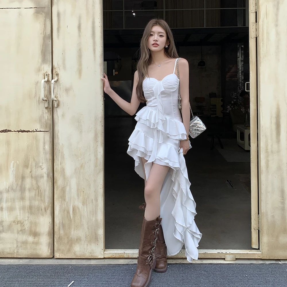 

Japan Y2k Bodycon Backless White Dress Women Summer Sleeveless Spaghetti Strap Asymmetrical Long Dress Birthday Party Dresses
