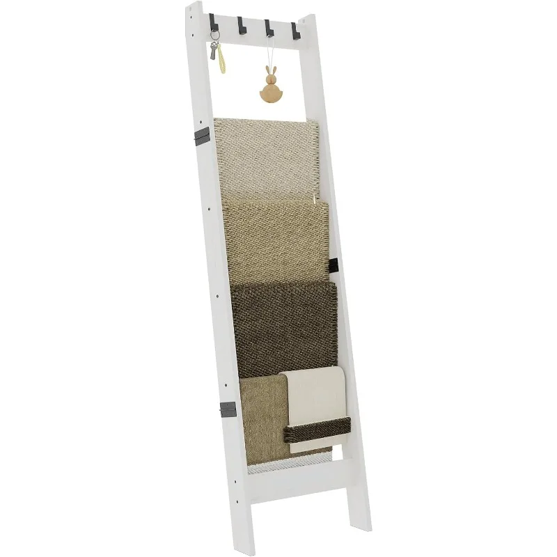 6 Tier Blanket Ladder Shelf for Living Room and Bedroom, Ladder Holder with 4 Metal Hooks, 5.2ft Blanket Quilt Holder Rack