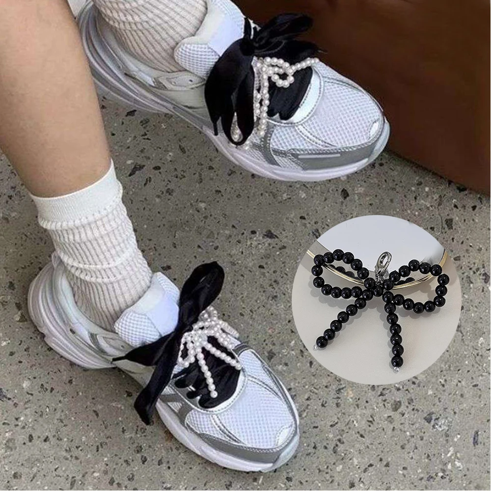 1pair Fashion Pearl Bowknot Shoelace Accessories Silver Jelly Color Bow Shoe Charms Sneakers Decorations DIY Phone Chain Jewelry