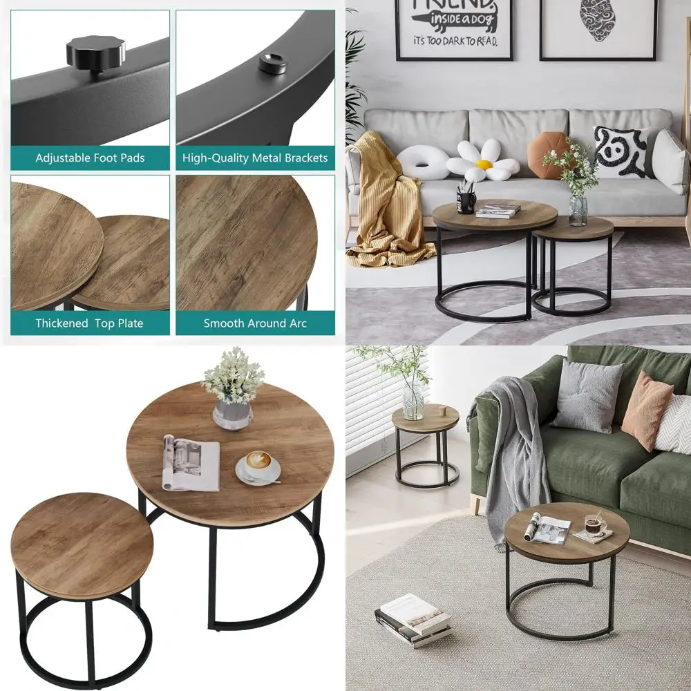 

Пара круглых кофейных столиков (23,6 дюйма) под дерево с регулируемыми ножками, идеально подходят для гостиных и использования на улице