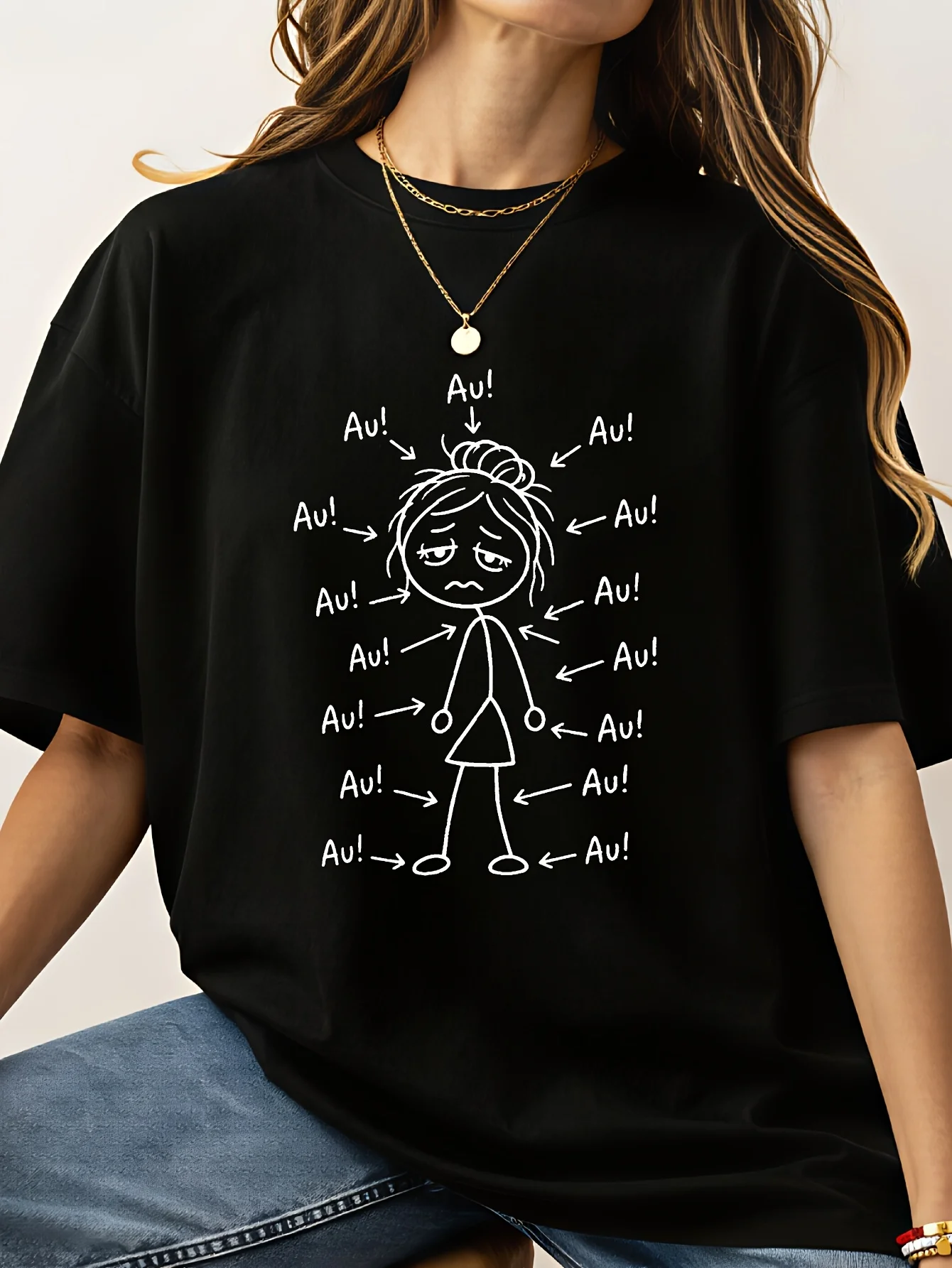 Women' German Humor T-Shirt with Minimalist Stick Figure and Au Arrows German Text Body Ache Joke Casual T Shirt Clothes Female