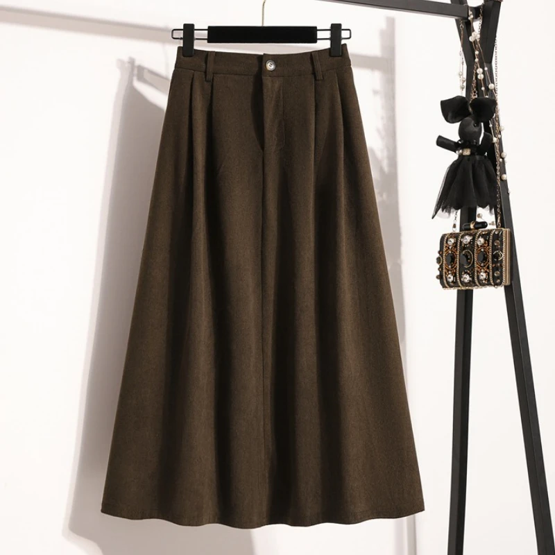 

Korean Style Solid Color A-line Skirt for Women 2025 Corduroy High Waisted Plus Size Skirts Autumn Loose Pleated Umbrella Skirt