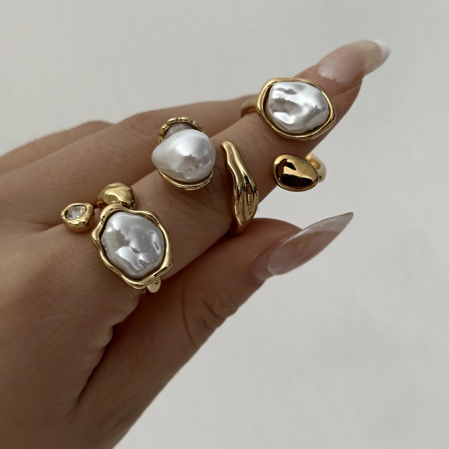Vintage Naturstein Edelstahl-Ringe für Damen und Herren Trendige Vergoldete Hohle Geometrische Ringe Finger-Accessoires Schmuck – Detail 5