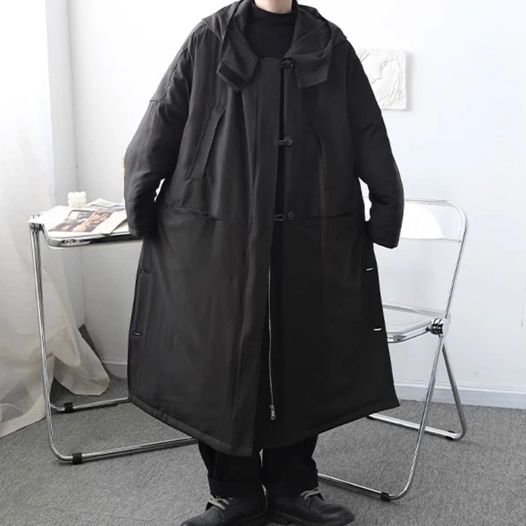 

Men's Winter Long Hooded Jaet Cotton Coat Over-Knee Zipper Closure Punk Sle Youth Faion Workwear Coat k Bot Split