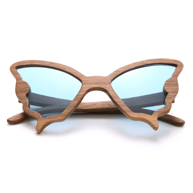 Retro Butterfly Walnut Sunglasses Lake Blue Lens Fashion Sun Glasses Handmade Shades UV400