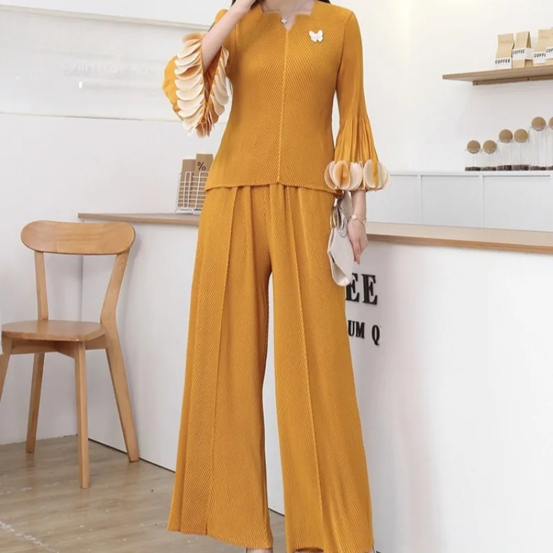 

Miyake плиссированный женский комплект с длинными рукавами, женский комплект 2025Fall, новый топ, эластичные прямые длинные брюки, удобный повседневный модный комплект из 2 предметов