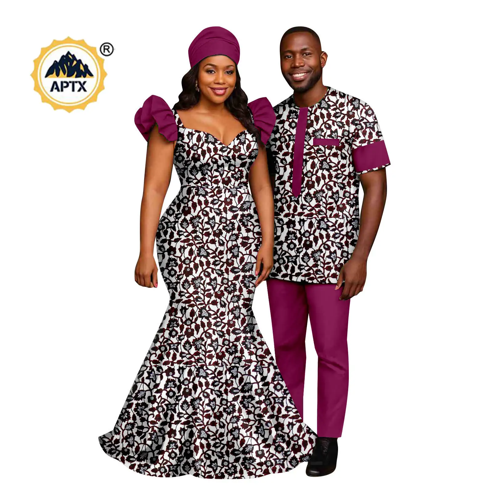 

African Ruffle Print Dresses with Headwrap for Women Matching Couple Outfits Africa Clothes Dashiki Men Top and Pant Sets 25C091