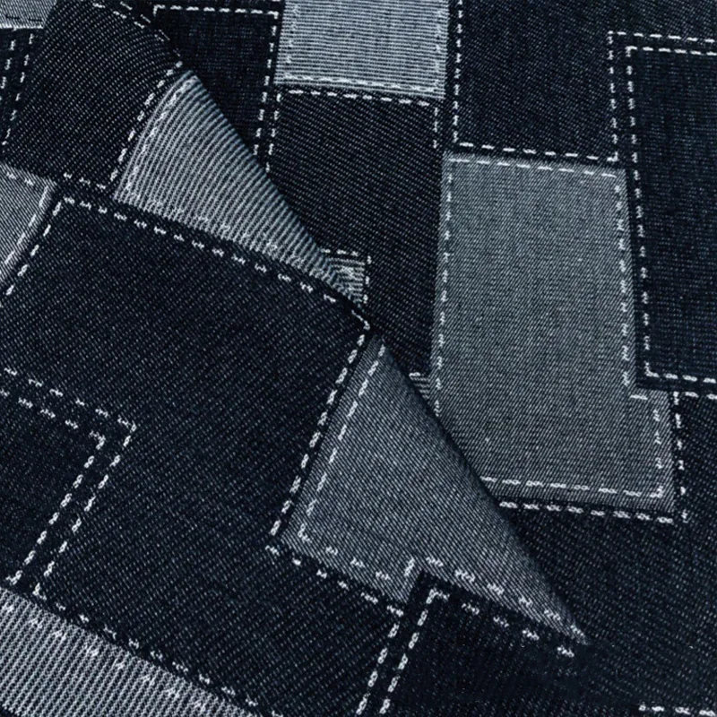 ヴィンテージウォッシュデニム生地,長方形チェック柄,ジャカードソーイングジャケット,ドレス,パンツ,チェック柄スプライス,90cm