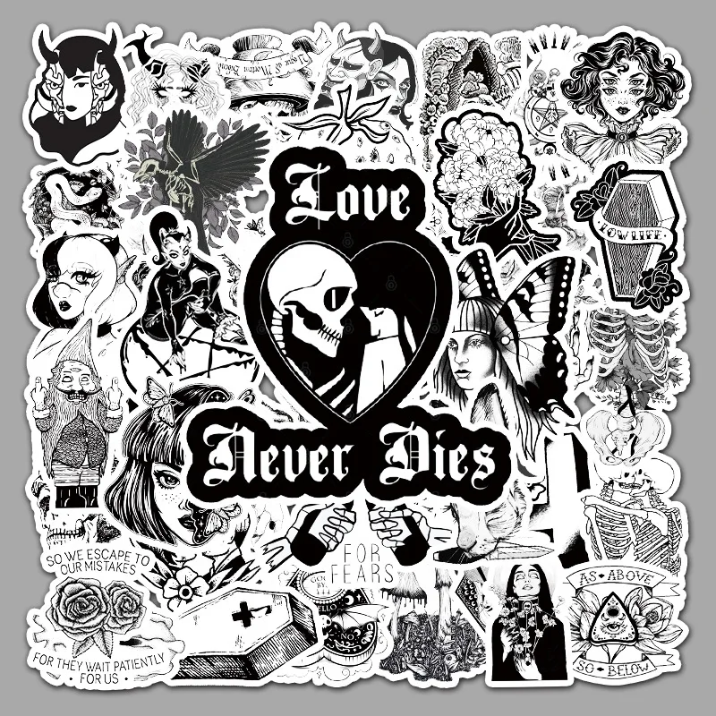 

50PCS Gothic Aesthetic Stickers Black White Skull Cartoon Style DIY Decorative Laptop Phone Case Waterproof Sticker Kids Toy