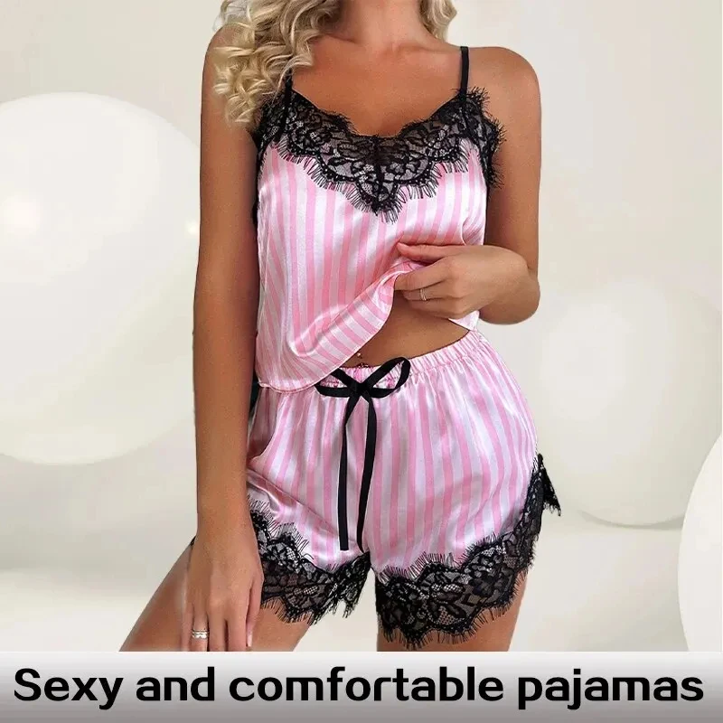 Conjunto de Pijama de Dos Piezas para Mujer, con Tirantes de Encaje, Cuello en V, Sexy, Casual, sin Mangas