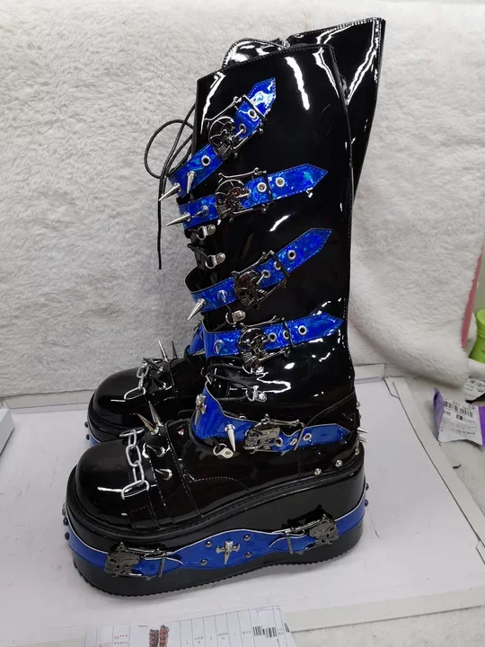 Black Blue Rivet Buckle Boots Round Toe Platform Wedges Cross Tied Patent Leather Shoes Women's Winter Warm Dark Punk Boots image 6