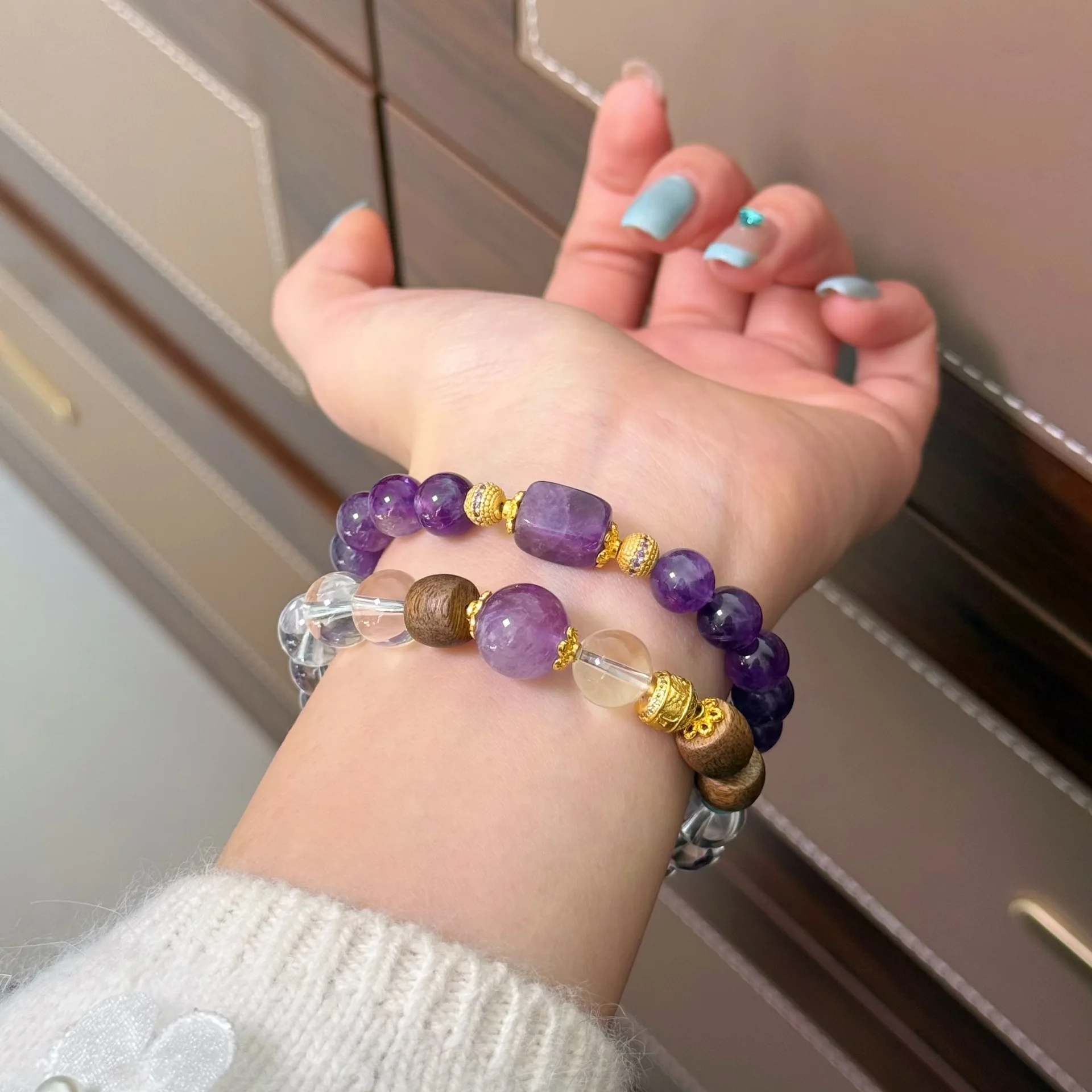 

Handmade Braided Amethyst White Crystal Beads Strand Bracelets for Women Adjust Wristband Jewelry Female Gifts