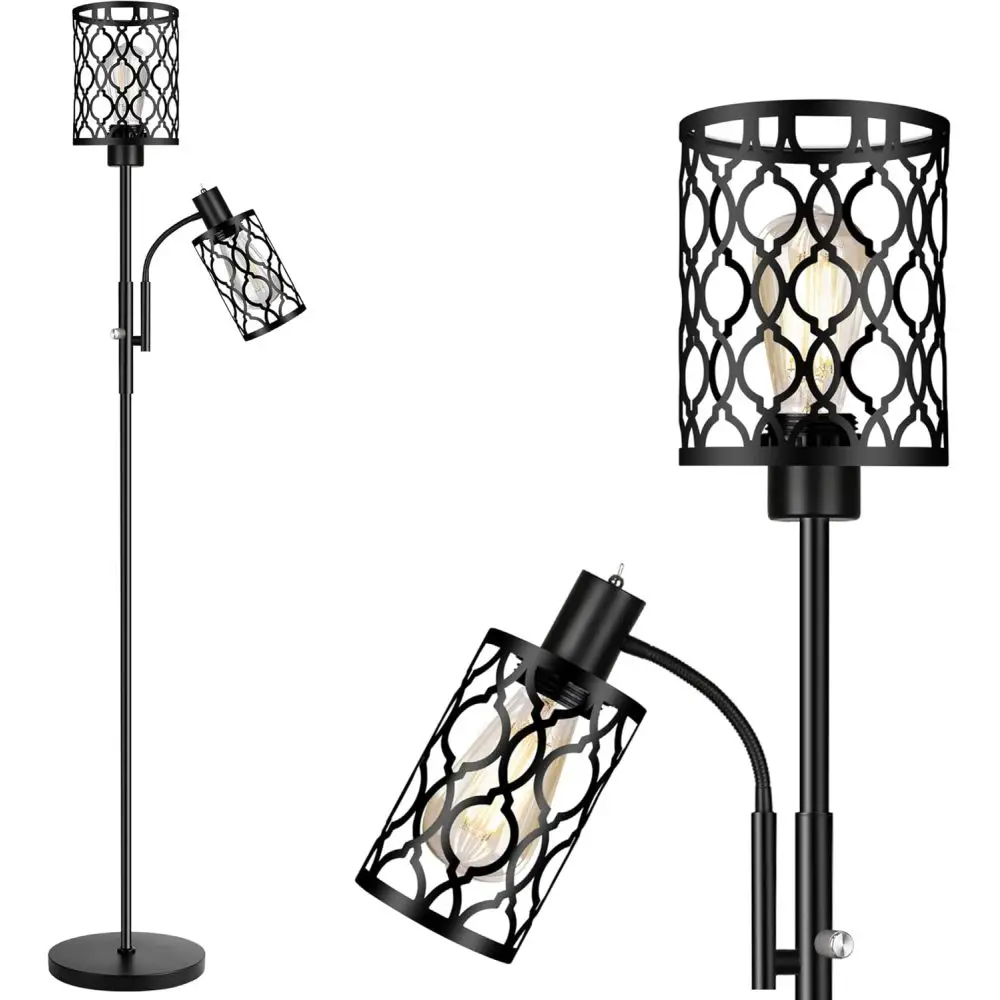 

72" Black Farmhouse Floor Lamp with Adjustable Reading Light, 2-Light Industrial 2Edison Bulbs for Home 6W