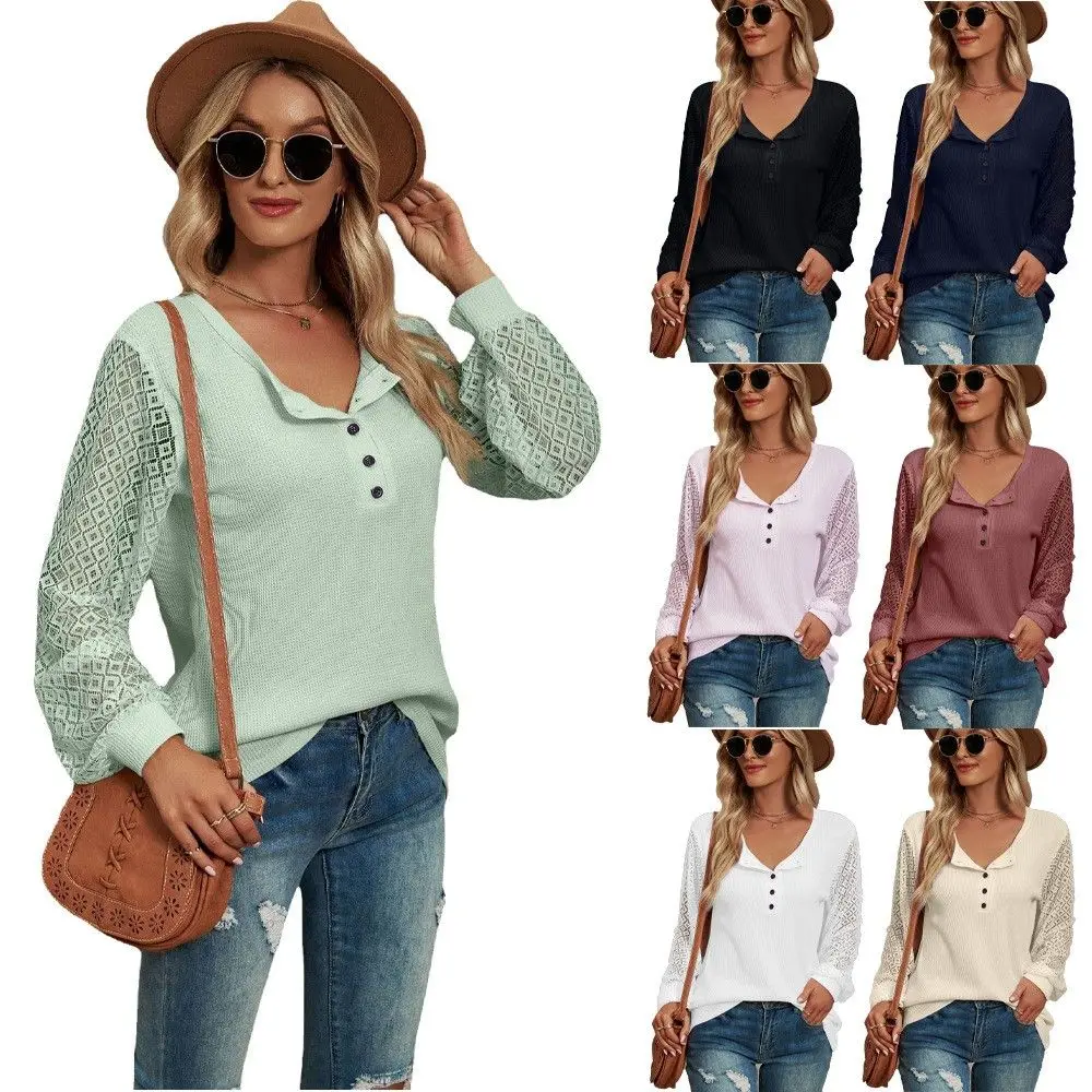 

aceful Women's Long Sve T-irt Buttoned Patchwork Loose Fit Polyester Cotton Blend Autumn Winter New Sle Faion Top