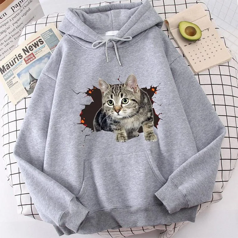 Mode Kat Stijl Hoodies Trui Dames Gedrukt Casual Sport Outdoor Zak Lange Mouw Sweatshirts Met Capuchon Jas