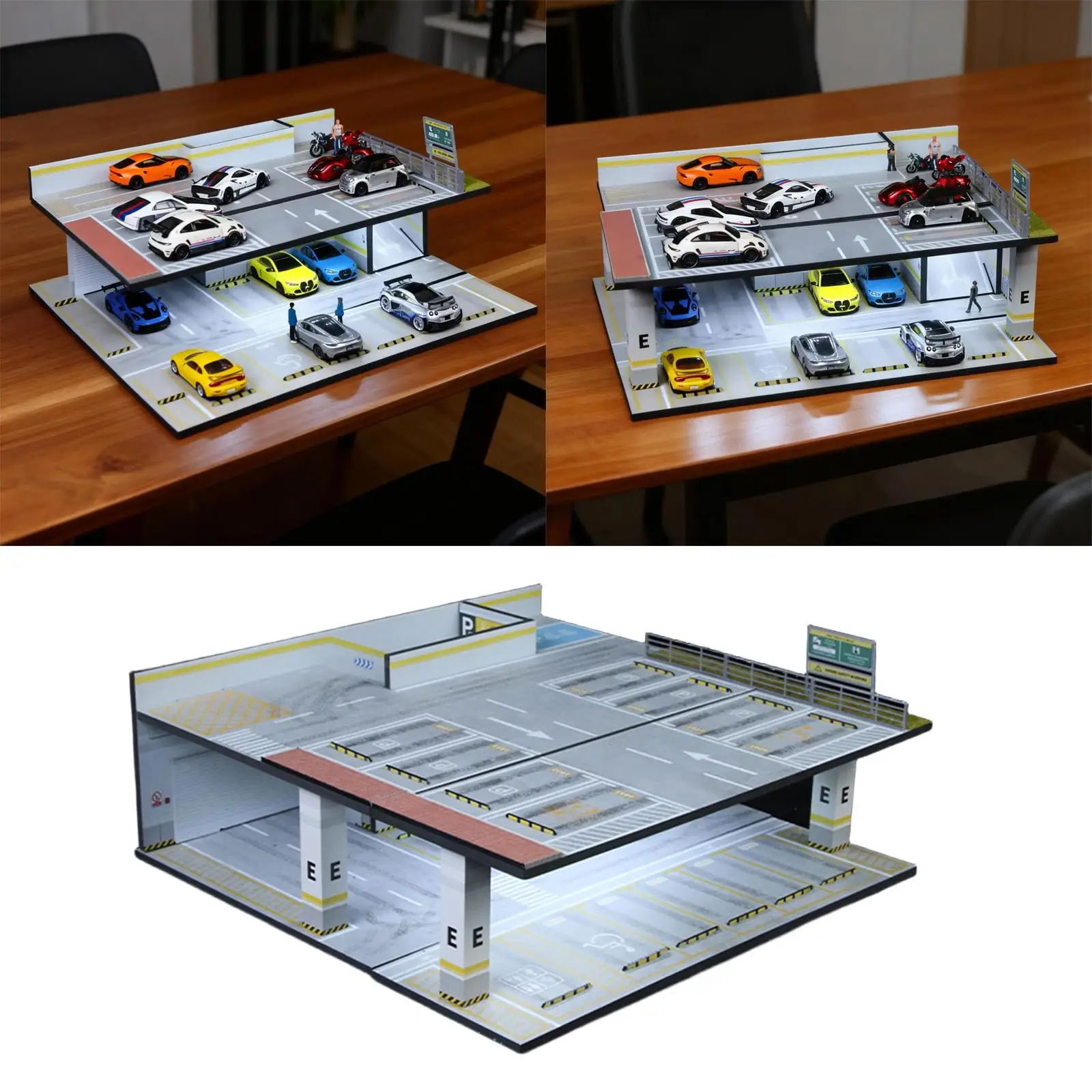 Diorama 1/64 Car Garage Model,Tabletop Decor for Diecast Toy Cars 2 Tiered Creative LED Lighting Organizer Parking Lot Scene