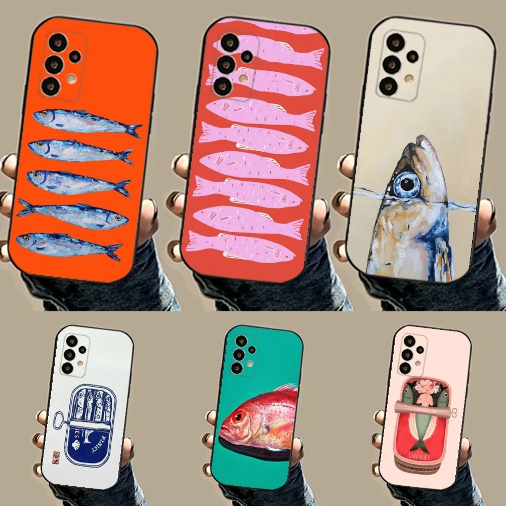 Sardines Salted fish Canned Phone Case For Samsung S24,23,23,22,30,21,10,9,Note20 Ultra,Lite,Ultra,5G,Plus,FE,Black Soft Case