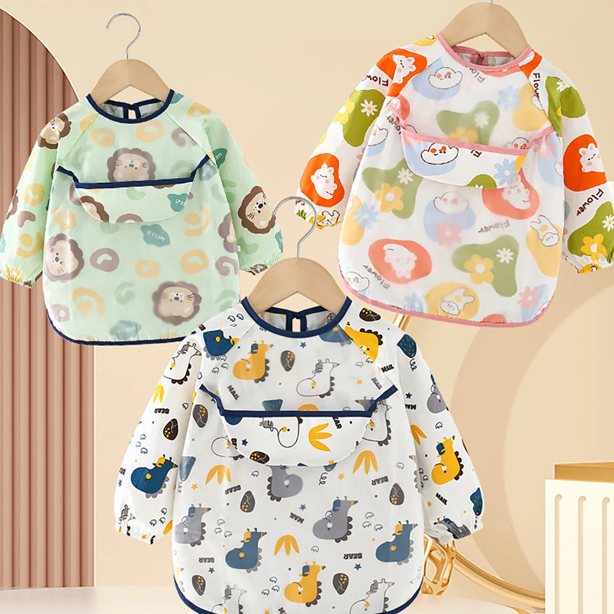 Baby apron baby bib protective clothing children's overalls cotton long sleeve reverse dress waterproof baby eating clothes