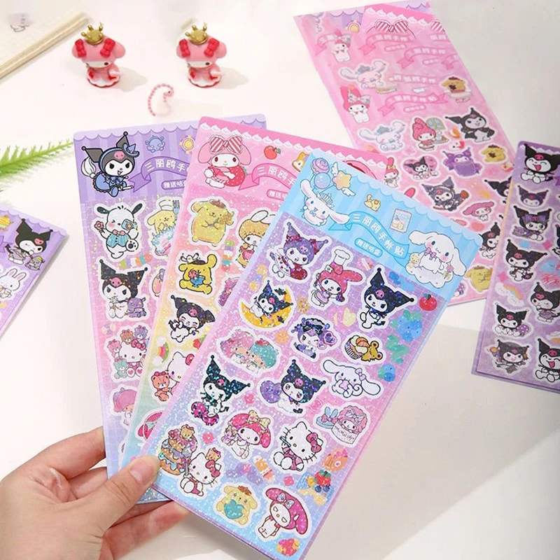 DIY dekorasi anak-anak mainan stiker kartun Hello Kitty Cinnamoroll Kuromi My Melody Laser stiker alat tulis