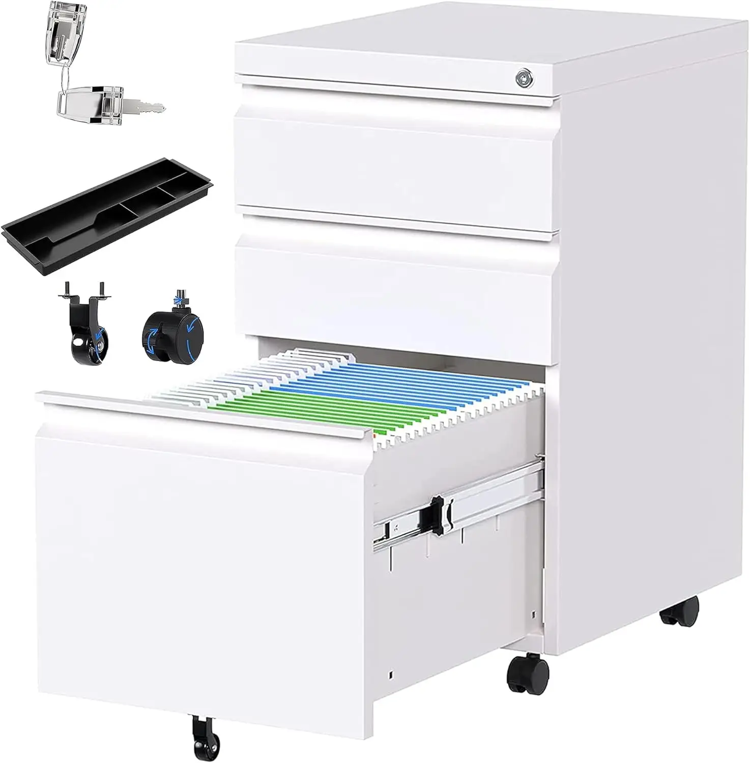 3 Drawer File Cabinet with Lock,Metal Filing Cabinet with Wheels for Home Office & Business Enterprise