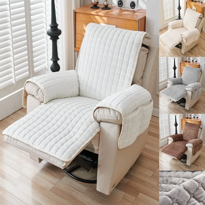 1Seater Flannel Recliner Sofa Cover with Pocket Armchair Case Plush Chair Cover Non-Slip Lazy Sofa Slipcover for Living Room