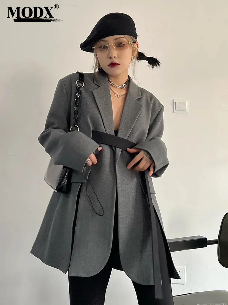 

[MODX] Gary Bandage Slit Casual Blazer Women New Lapel Long Sleeve Loose Fit Jacket Fashion Tide Spring Autumn 2024