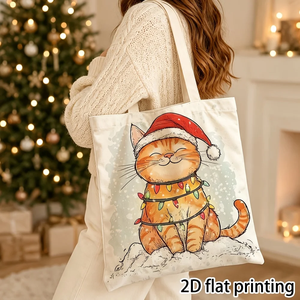 Christmas Ginger Cat Canvas Tote Bag Santa Hat Xmas String Lights Snow Reusable Shopping Handbag Holiday Gift For Cat Lover
