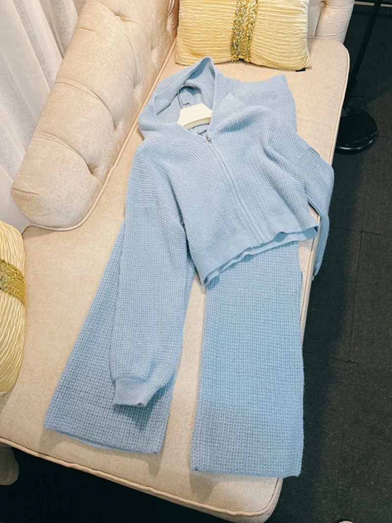 

Fashionable Light Blue Knitted Open Cardigan High Waist Long Pants Set Two Piece Set Autumn New Arrival Anti-Aging Style