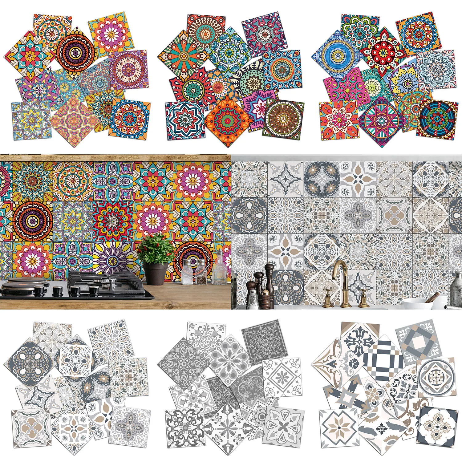 Pegatinas de azulejos mediterráneos vintage de 10/15/20 cm, impermeables, autoadhesivas, decoración para el hogar