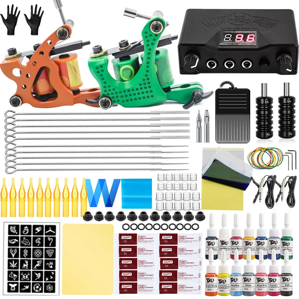 Complete Coils Tattoo Machines Kit with Power Supply Needles Grips Set Body Art Tools Set Permanent Makeup Tattoo Set