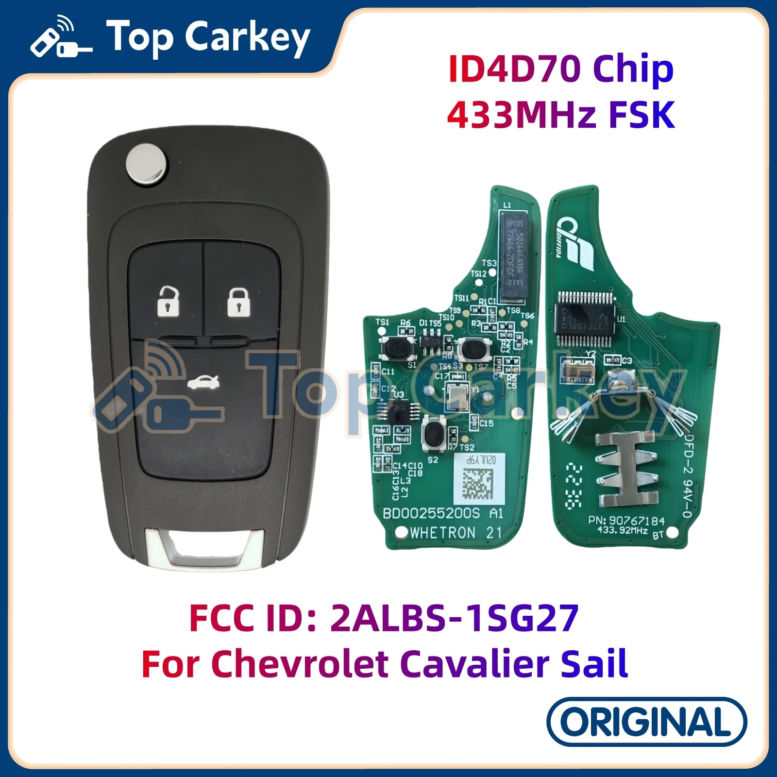 

TopCarkey FCC ID 2ALBS-1SG27 Original 3 Buttons Remote Key 4D70 Chip 433MHz for Chevrolet Aveo Cavalier Sail