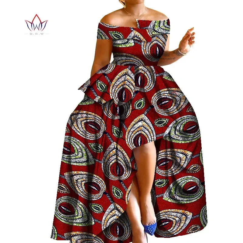 African Print Dresses Bazin Riche Print Wax Off Shoulder High Waist Long Maxi Dresses Wedding Party Dress Plus Size WY8297