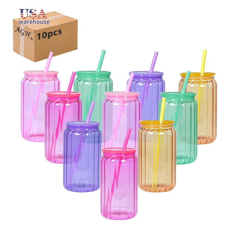 

10pcs Pack 16oz Sublimation Colorful Streak Inner Glass Beer Can Mason Jar with Plastic Lids He