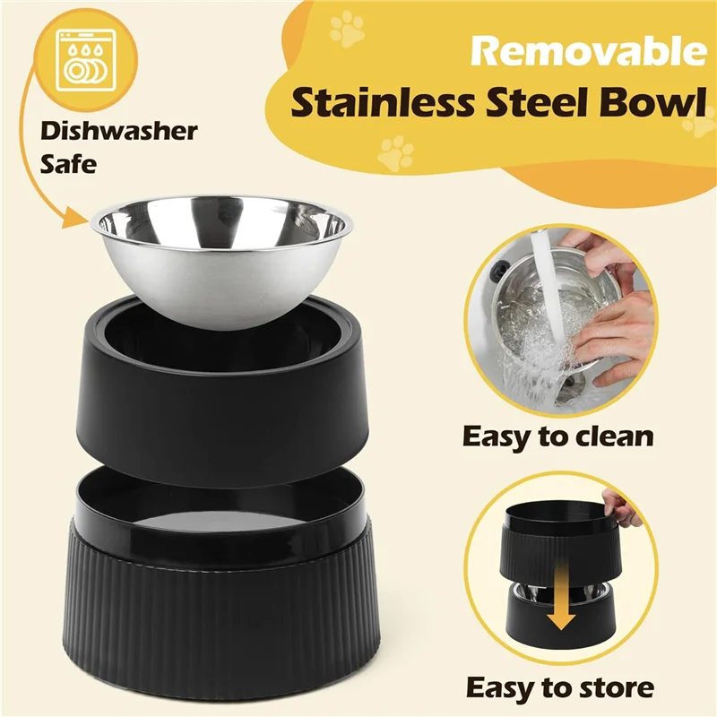 

A88E-3X Elevated Dog Bowl, Raised Dog Feeder With Removable Stainless Steel Food And Water Bowl, Non-Skid Dog Dish Black