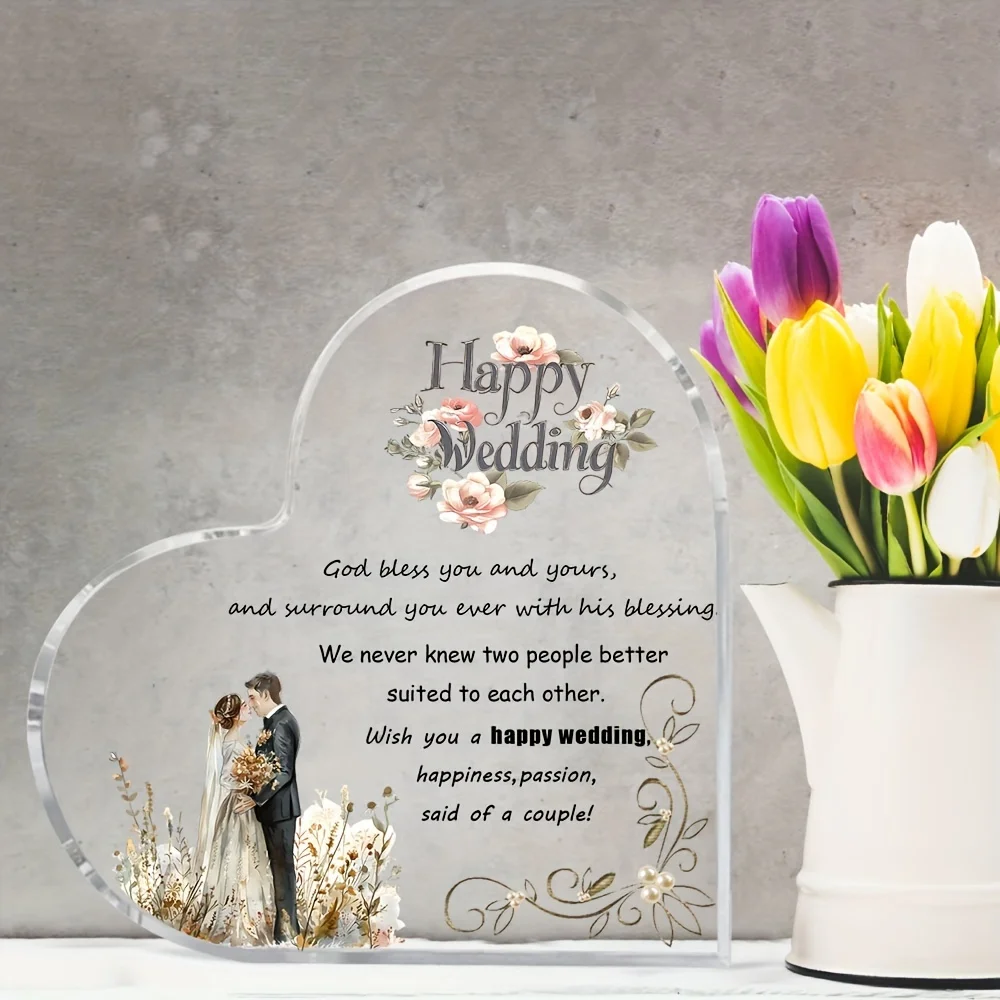 Heart Acrylic Desk Plaque Wedding Gift, Watercolor Bride Groom Happy Wedding Tabletop Ornament