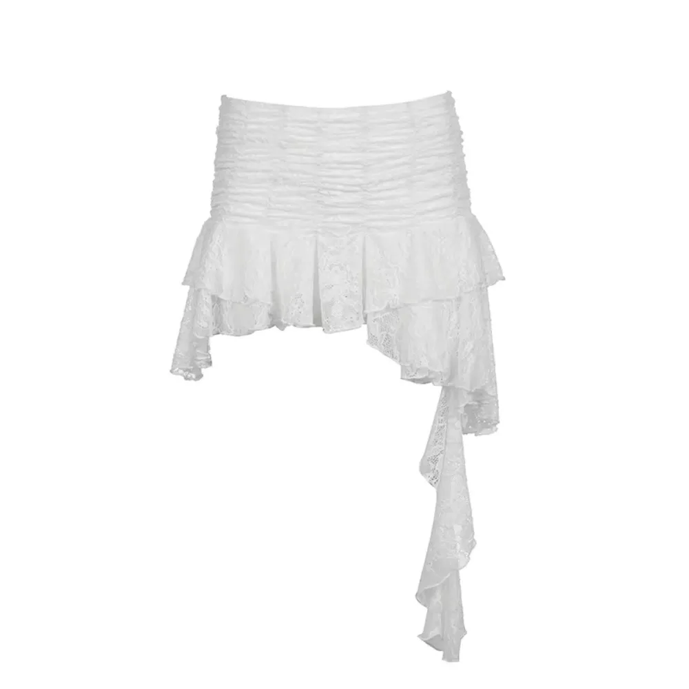 

Fluffy Lace Irregular Puffy Cake Skirt Women Ribbon Textured Lace Velvet Short Skirt Ruffle High Waist a-Line Short Skirt Summer