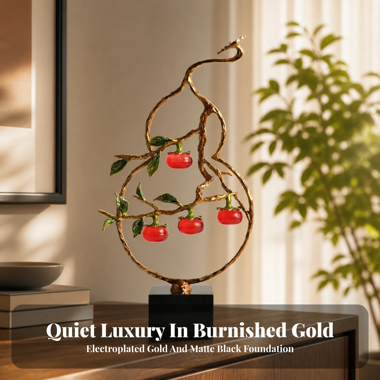 Bronze Gold Branch Leaf Sculpture with Red Fruit Details on Black Marble Base for Home Decor