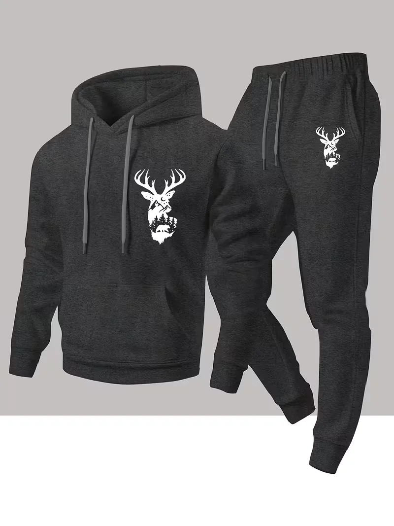 Men's Urban Casual animal print Print Two-Piece Set Hooded Top & Sports Pants Autumn Winter Running Sportswear Daily Wear view 4