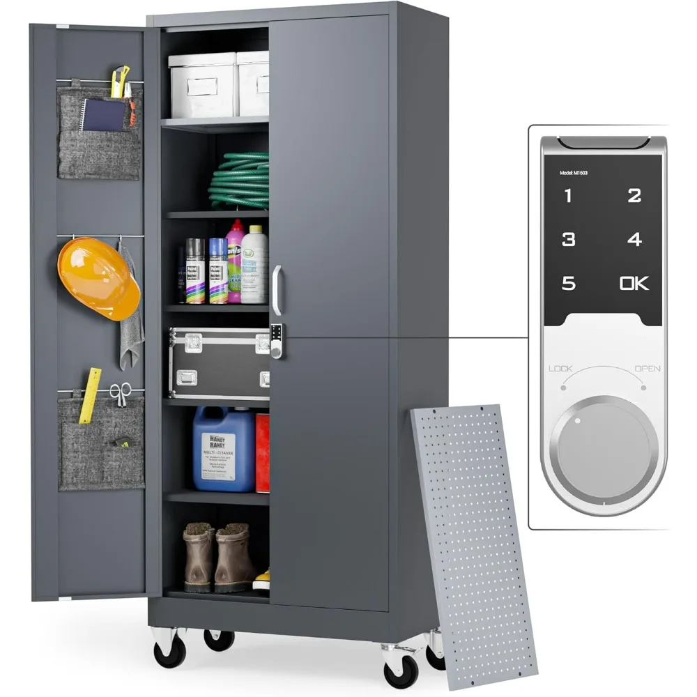 

Metal Storage Cabinet with Wheels - Garage Storage Cabinet with Locking Doors | Digital Lock | 72" Rolling Tool Storage Cabinet