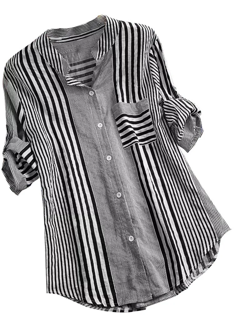 Loose Striped Women's irt Large Size Long Sve Street Sle V-Ne Button up Casual Summer Faion Ladies' Big Fit Top
